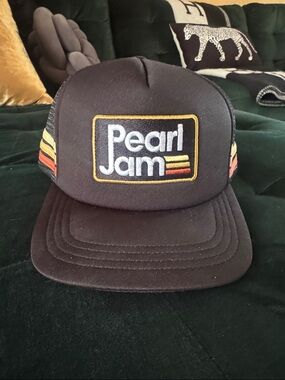Pearl Jam Black Trucker Hat with Yellow and Orange Stripe Embroidery